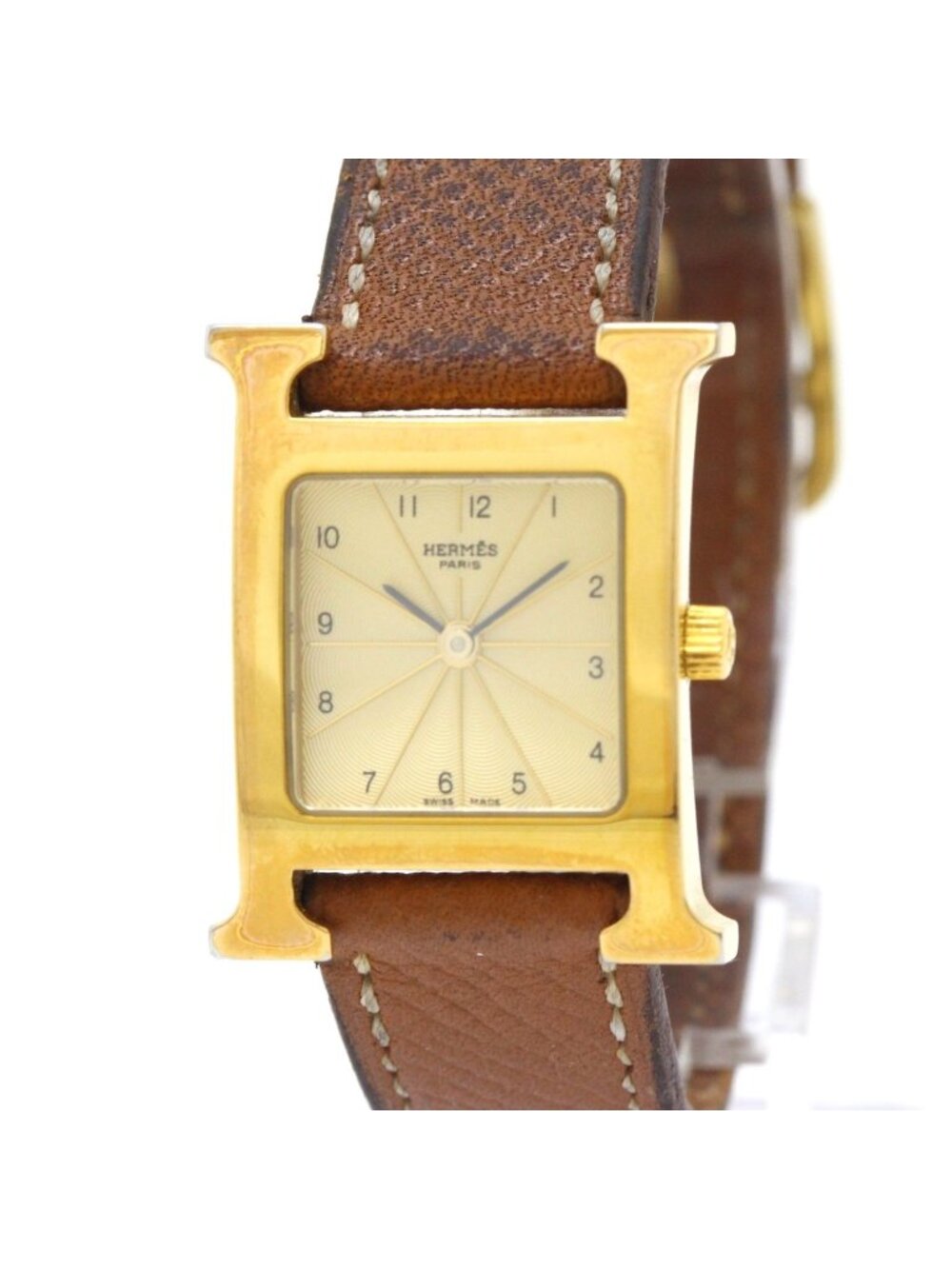 Hermes H Watch Leather Strap Champagne Guilloche Dial Quartz